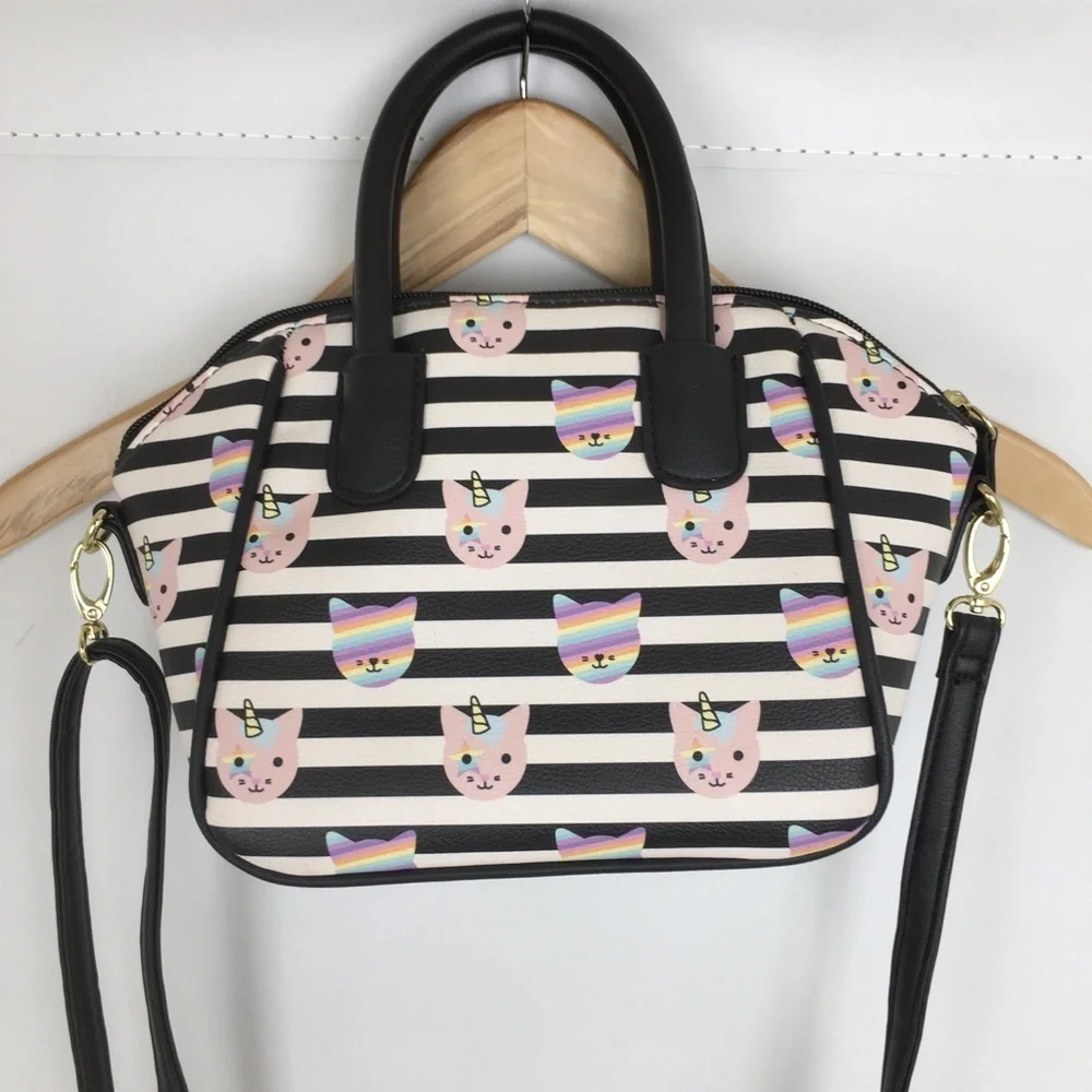 Luv Betsey Betsey Johnson Unicorn Cat Satchel Purse Bag Black White Stripe Small